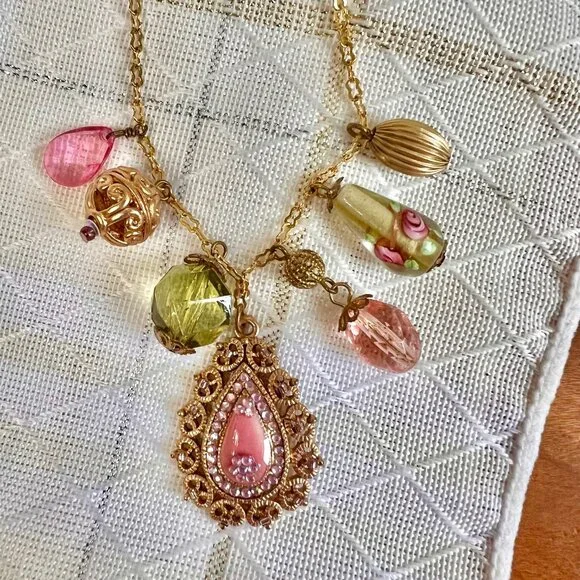 Cookie Lee Victorian Charm Necklace, Vintage Beaded Necklaces, Hand Blown Art - Picture 1 of 10